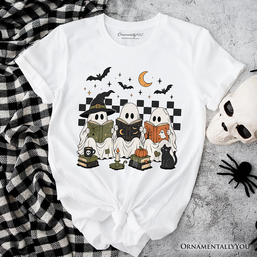 Bookish Ghosts Reading T-Shirt, Checkered Halloween Witch Cat Tee
