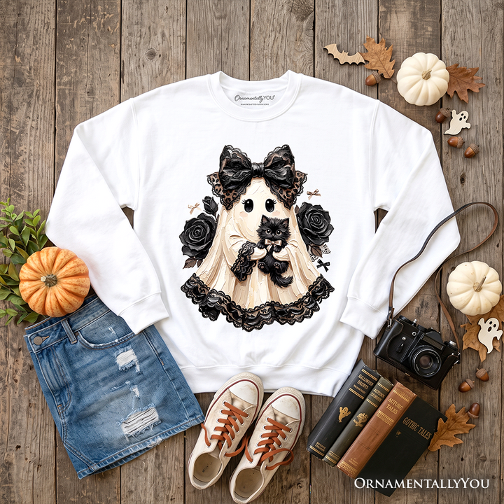 Gothic Ghost with Black Cat Sweatshirt, Black Rose Coquette Halloween Sweater