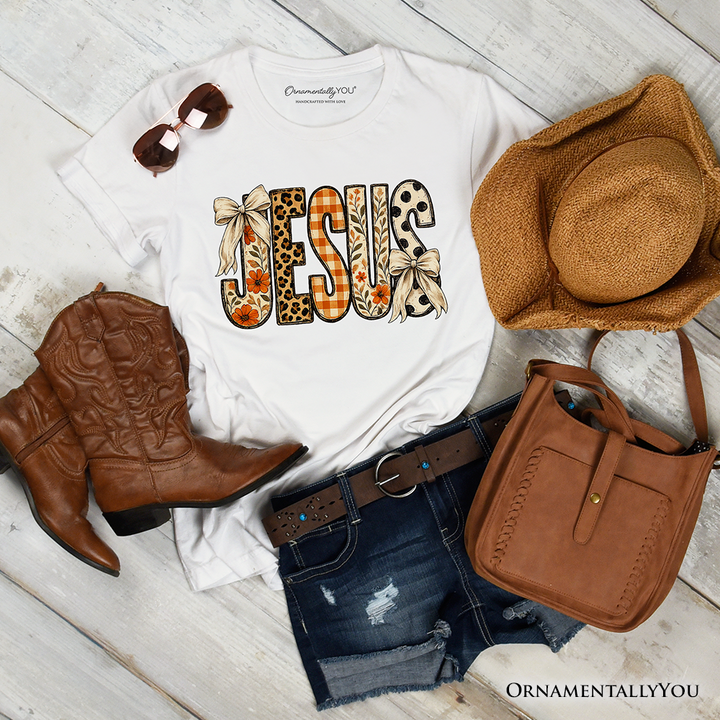 Jesus Coquette Fall T-Shirt, Leopard Plaid Floral Christian Faith Tee