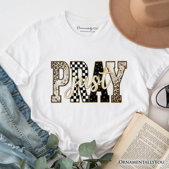 Just Pray Christian Varsity T-Shirt, Retro Leopard Checkered Faith Tee T-Shirts OrnamentallyYou White XS 
