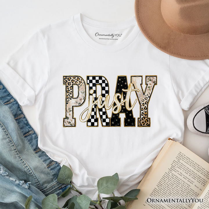 Just Pray Christian Varsity T-Shirt, Retro Leopard Checkered Faith Tee