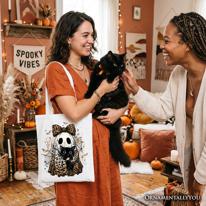 Leopard Bow Ghost with Black Cat Tote Bag, Spooky Halloween Spider Web Gift Shopper
