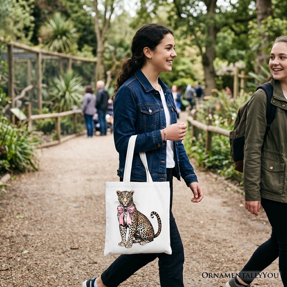 Leopard With Coquette Bow Tote Bag, Animal Trendy Preppy Gift Shopper Tote Bag OrnamentallyYou 