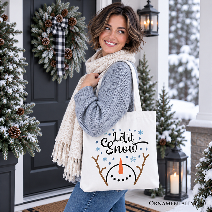 Let It Snow Snowman Tote Bag, Snowflakes Minimalist Gift Shopper for Winter Holiday Season