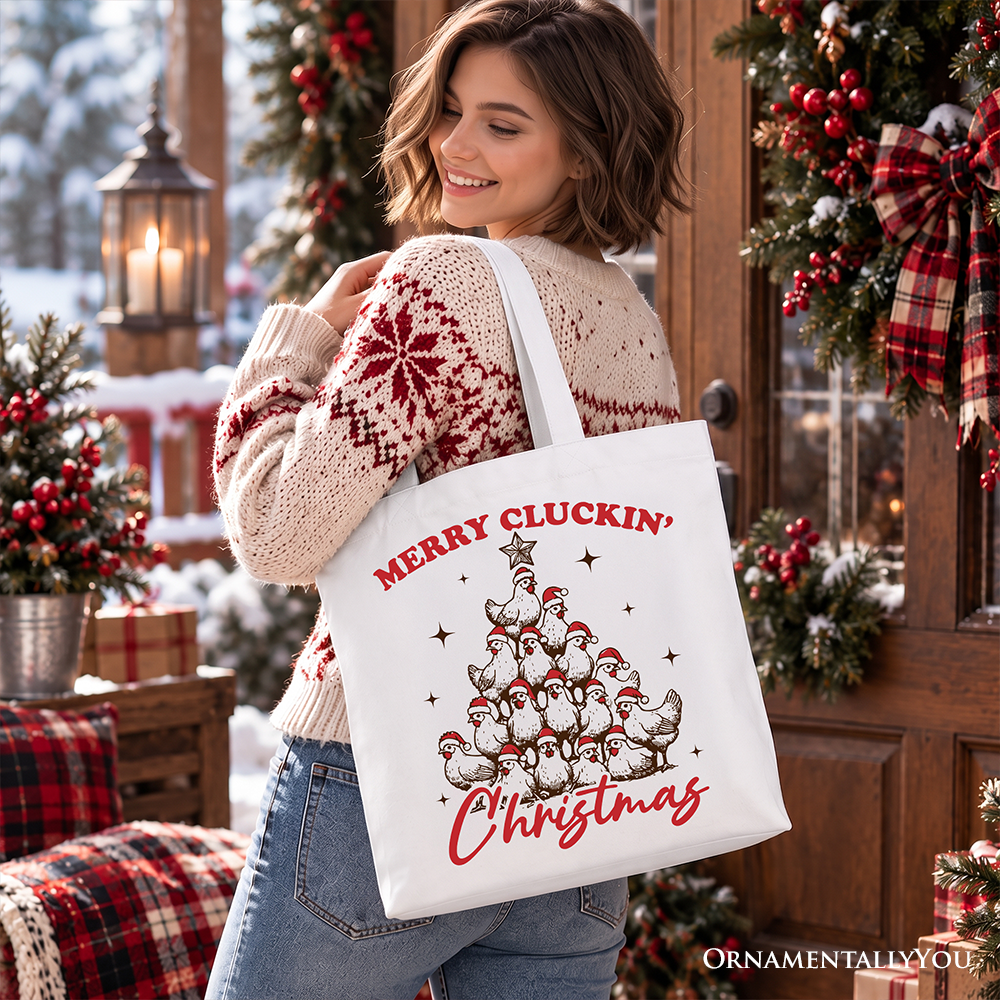 Merry Cluckin' Christmas Tree Tote Bag, Funny Santa Hat Chicken Farmhouse Gift Shopper