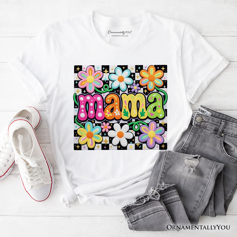 Retro Floral Mama Printed Faux Yarn T-Shirt, Colorful Mother's Day Tee