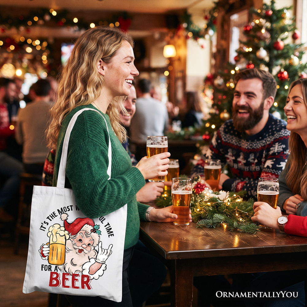 Santa Beer Christmas Tote Bag, It’s The Most Wonderful Time Funny Holiday Gift Shopper for Festive Drinkers