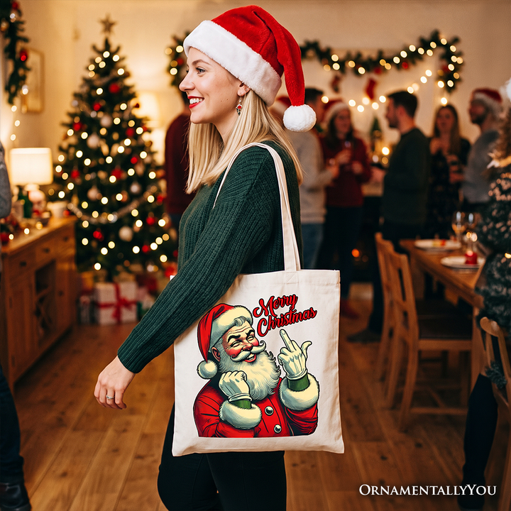 Santa Middle Finger Christmas Tote Bag, Vintage Funny Gift Shopper for Naughty Holiday Humor