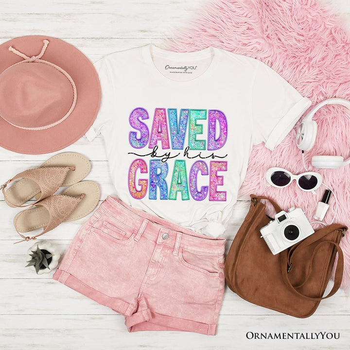 Saved By His Grace Printed Faux Sequin Christian T-Shirt, Religious Love Tee T-Shirts OrnamentallyYou White XS 
