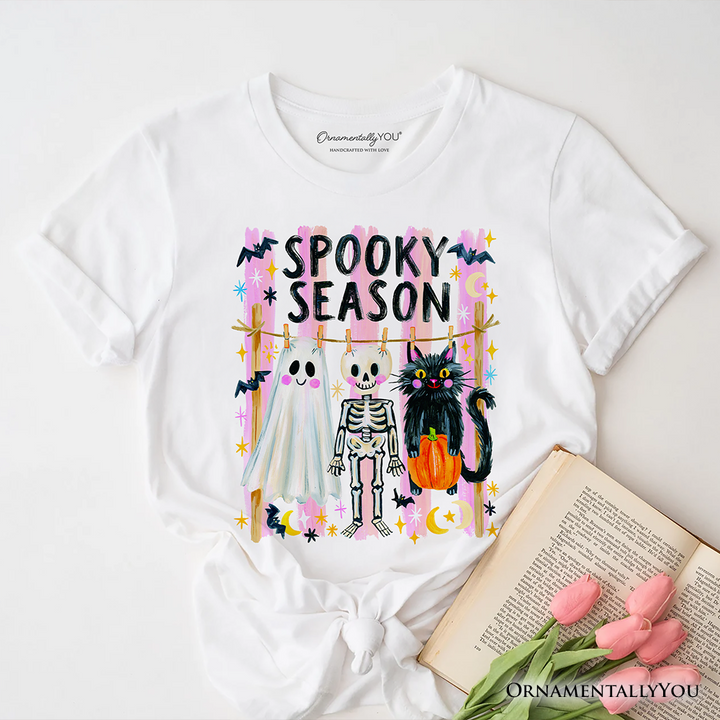 Spooky Season Ghost Skeleton Cat T-Shirt, Colorful Halloween Costume Tee