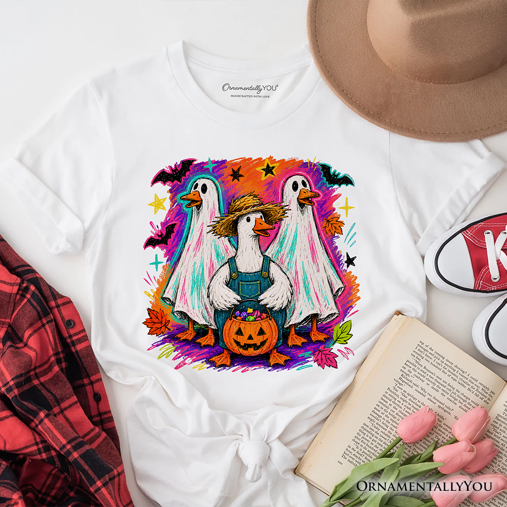 Trick or Treat Geese T-Shirt, Colorful Halloween Ghost Costume Tee