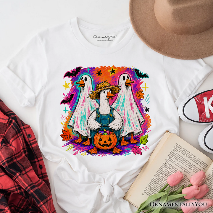 Trick or Treat Geese T-Shirt, Colorful Halloween Ghost Costume Tee