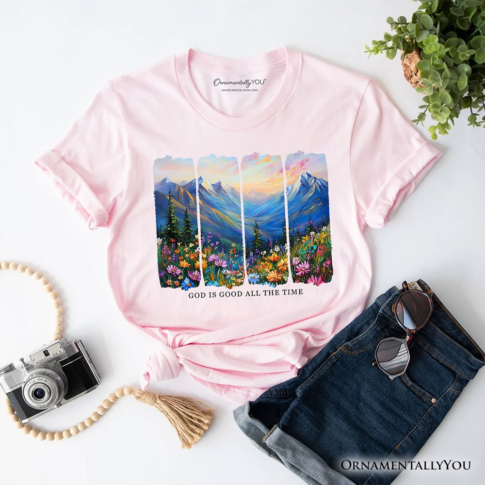 God Is Good All the Time Mountain Christian T-Shirt, Wildflower Brushstroke Bible Verse Faith Tee T-Shirts OrnamentallyYou Soft Pink XS 