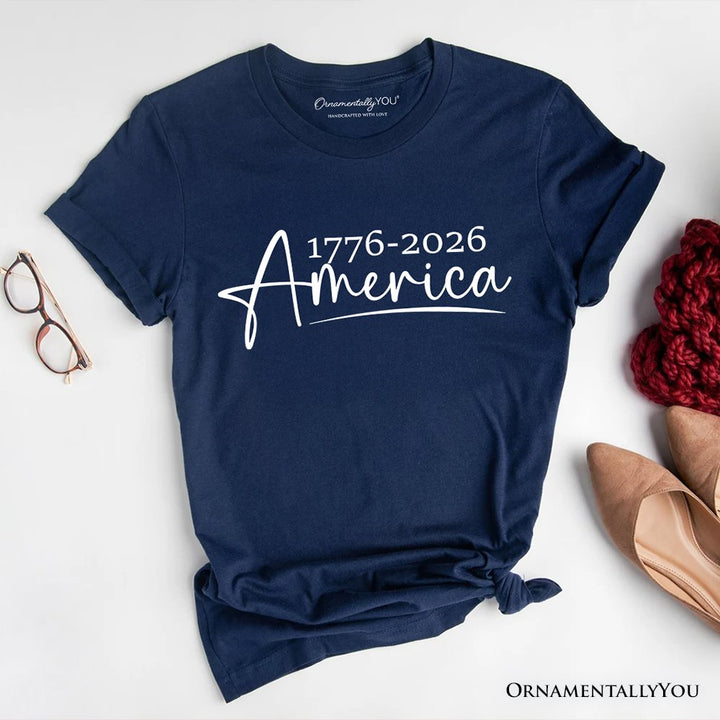 250 Years American Anniversary T-Shirt, 4th of July Minimalistic Patriotic 1776–2026 Tee T-Shirts OrnamentallyYou Navy XS 