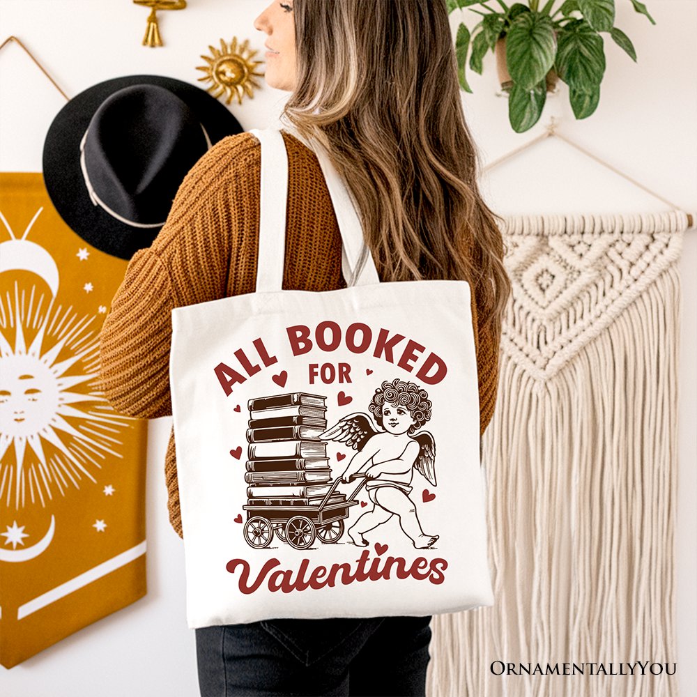 All Booked For Valentines Cupid Canvas Tote Bag, Vintage Funny Bookworm Gift Tote Bag OrnamentallyYou 
