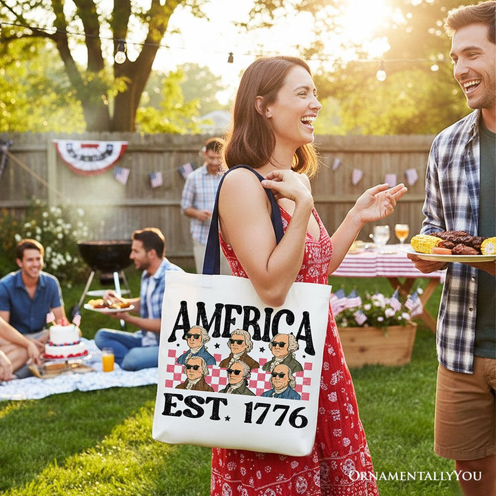 America Est 1776 Founding Fathers Vintage Canvas Tote Bag, Retro Patriotic Gift Shopper Tote Bag OrnamentallyYou 