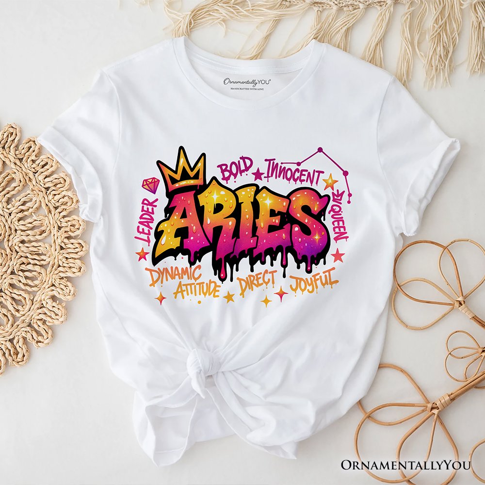 Aries Graffiti Zodiac T-Shirt, Street Style Astrology Horoscope Tee T-Shirts OrnamentallyYou White XS 