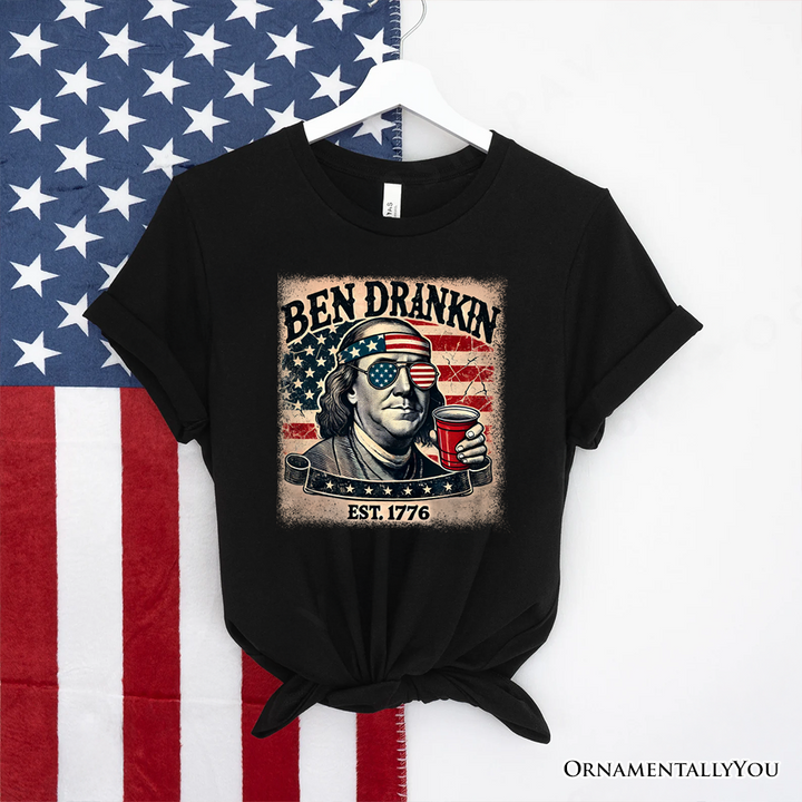 Ben Drankin Funny 4th of July T-Shirt, White, Navy and Black Patriotic Tee With Benjamin Franklin