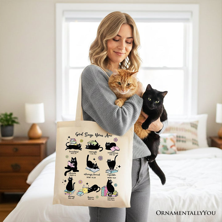 Book Cat God Says I Am Tote Bag, Christian Bible Verse Faith Gift Shopper Tote Bag OrnamentallyYou 