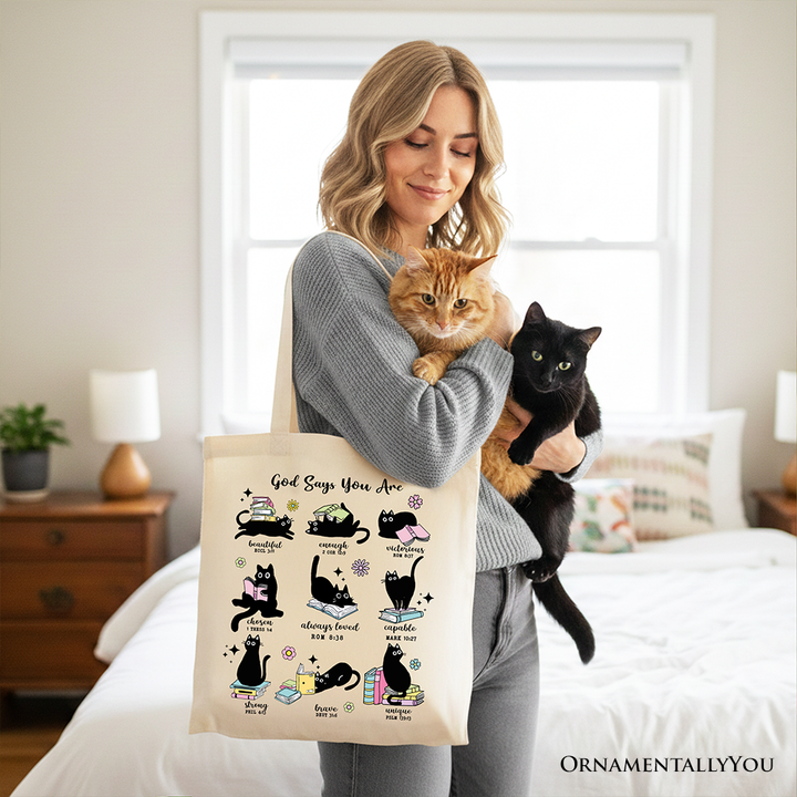 Book Cat God Says I Am Tote Bag, Christian Bible Verse Faith Gift Shopper