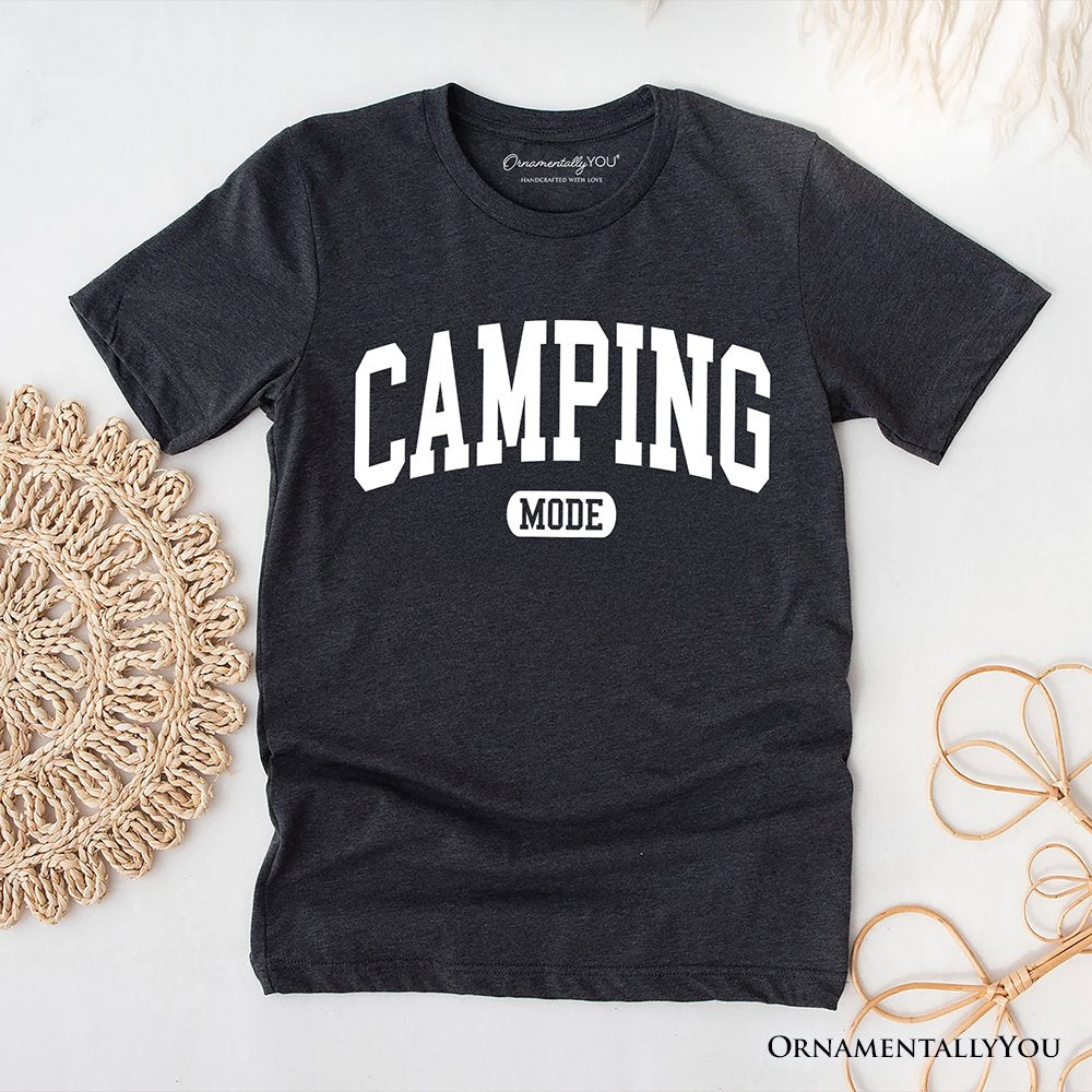Camping Mode Varsity T-Shirt, Minimalist Outdoors Tee T-Shirts OrnamentallyYou Dark Gray XS 