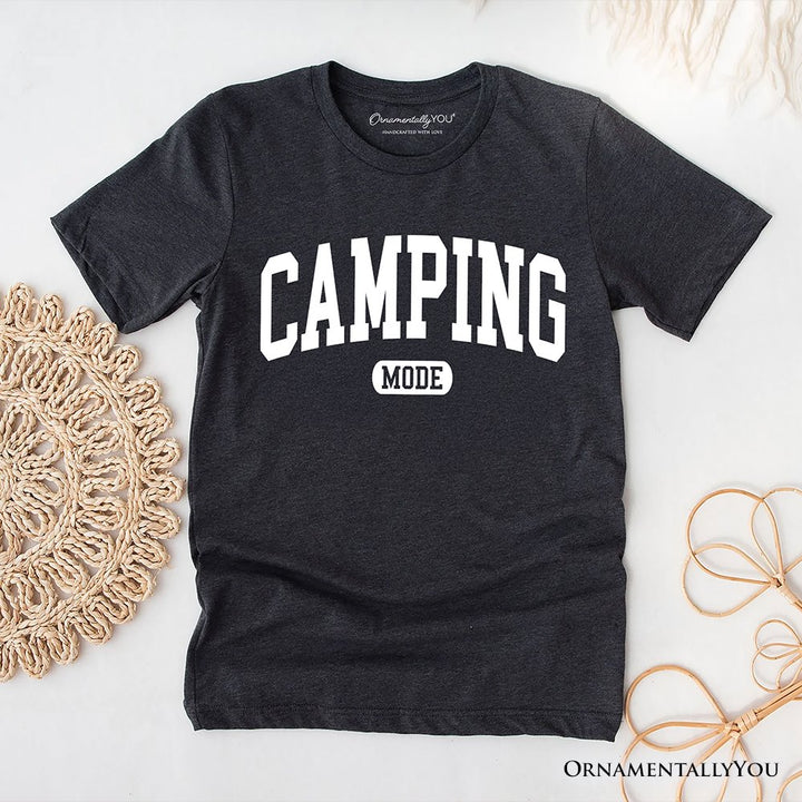 Camping Mode Varsity T-Shirt, Minimalist Outdoors Tee T-Shirts OrnamentallyYou Dark Gray XS 