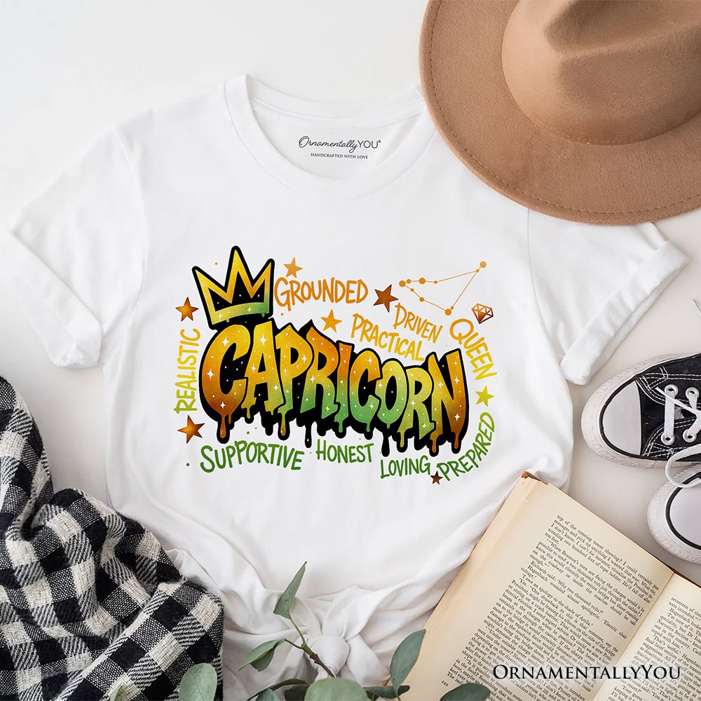 Capricorn Graffiti Zodiac T-Shirt, Street Style Astrology Horoscope Tee T-Shirts OrnamentallyYou White XS 