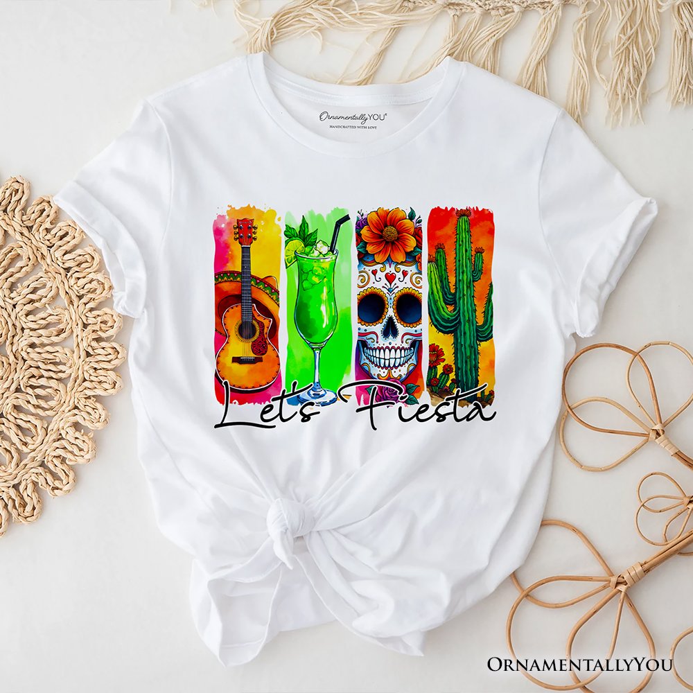 Cinco De Mayo Brushstroke Mexican T-Shirt, Let’s Fiesta Guitar Margarita Skull Cactus Tee T-Shirts OrnamentallyYou White XS 