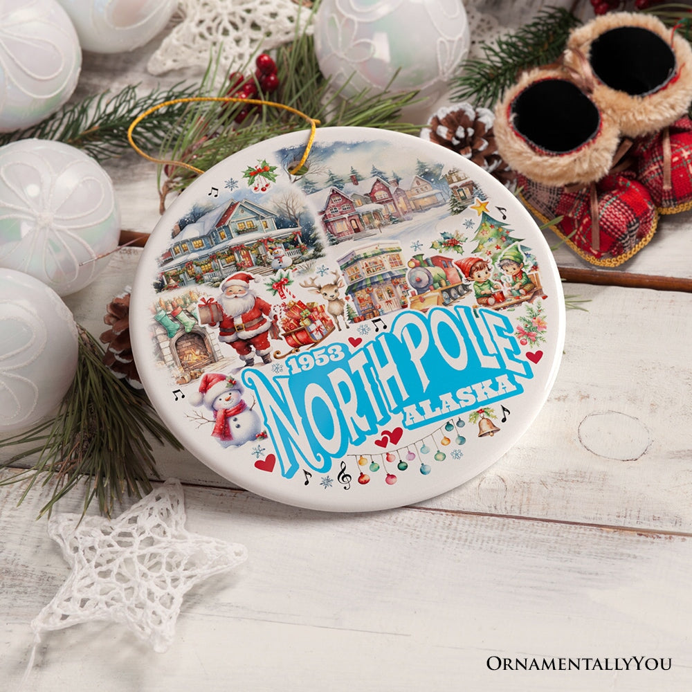 City of North Pole Alaska Artistic Christmas Ornament, Decorated Ceramic Souvenir with Santa and Elf Themes Ceramic Ornament OrnamentallyYou 
