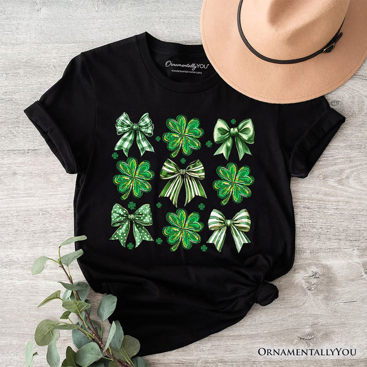 Coquette Clover Bows St Patrick’s Day T-Shirt, Green Irish Lucky Shamrock Tee T-Shirts OrnamentallyYou Black XS 