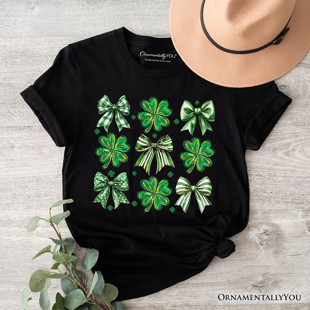 Coquette Clover Bows St Patrick’s Day T-Shirt, Green Irish Lucky Shamrock Tee