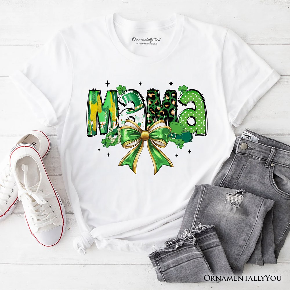 Coquette Mama Bow St Patrick’s Day T-Shirt, Green Lucky Shamrock Clover Tee T-Shirts OrnamentallyYou White XS 