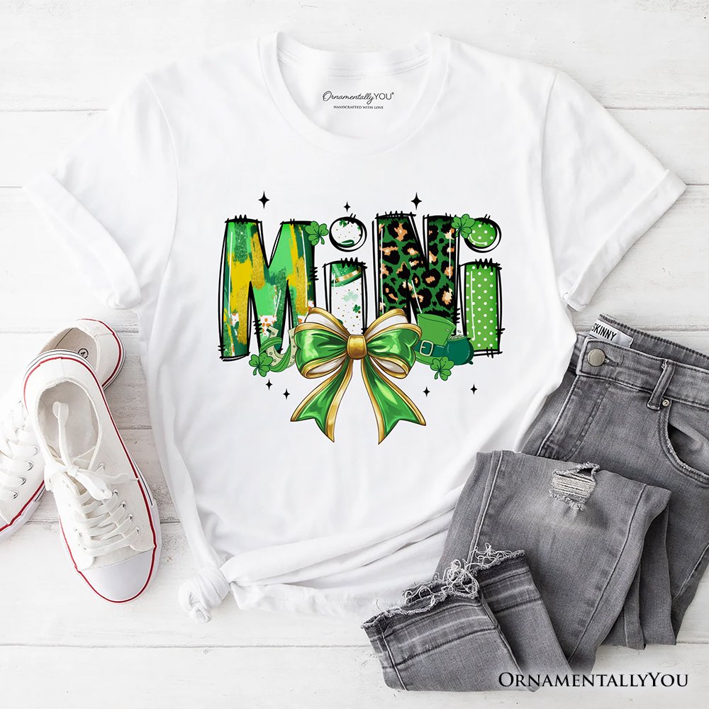 Coquette Mini Clover Bow St Patrick’s Day T-Shirt, Green Lucky Shamrock Clover Tee T-Shirts OrnamentallyYou White XS 