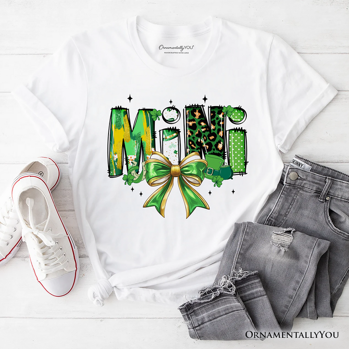 Coquette Mini Clover Bow St Patrick’s Day T-Shirt, Green Lucky Shamrock Clover Tee