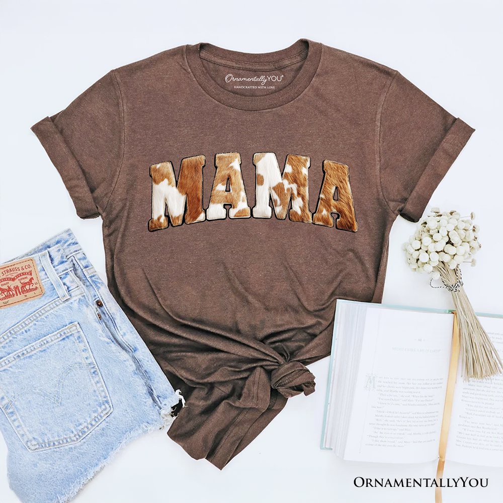 Cow Print Mama Western T-Shirt, Faux Cowhide Mom Tee T-Shirts OrnamentallyYou Vintage Brown XS 