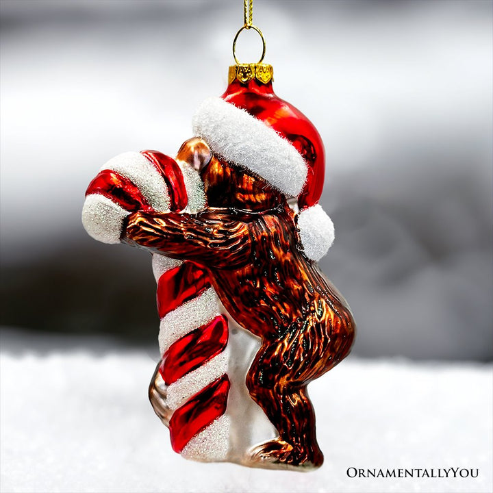 Cute Monkey with Candy Cane Glass Christmas Ornament, Adorable Chimp Holiday Tree Decor Glass Ornament OrnamentallyYou 