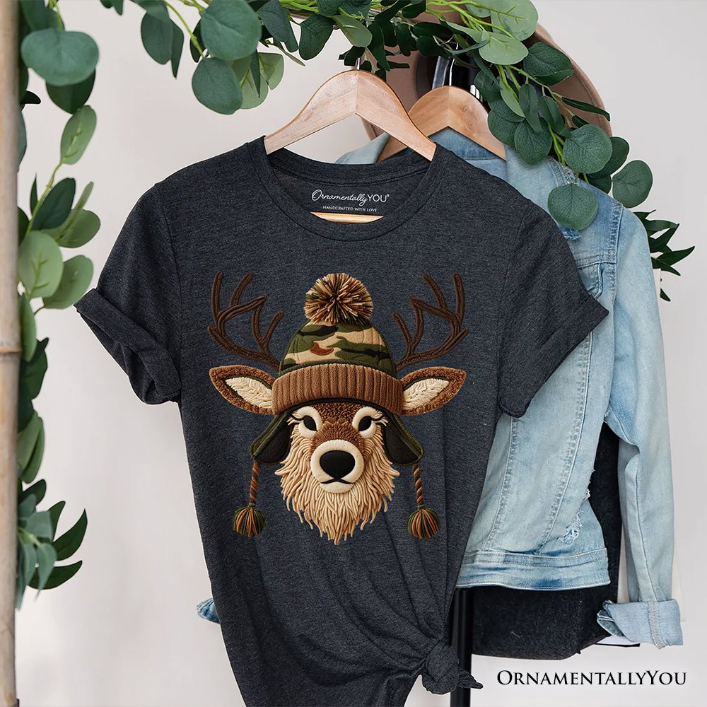Deer Head Camo Hat Christmas T-Shirt, Imitation Latch Hook Yarn Cozy Hunting Season Tee T-Shirts OrnamentallyYou Gray XS 