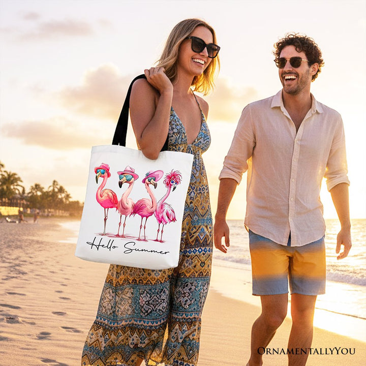 Flamingo Hello Summer Canvas Tote Bag, Retro Gift Shopper with Tropical Birds Tote Bag OrnamentallyYou 