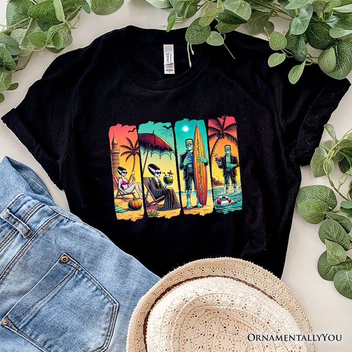 Frankenstein's Beach Vacation T-Shirt, Retro Neon Surf Style Tee for Horror Fans with Summer Vibes T-Shirts OrnamentallyYou Black XS 