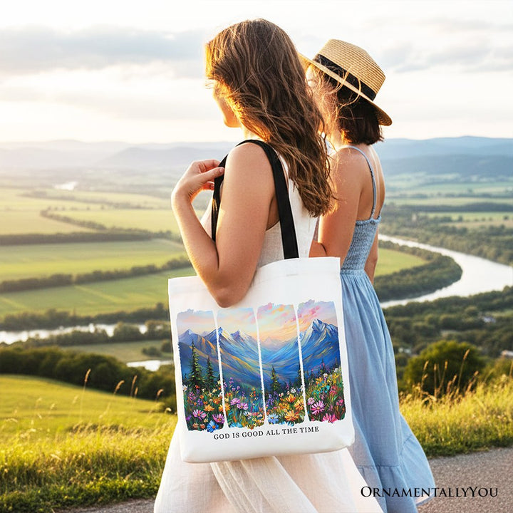 God Is Good All the Time Mountain Christian Canvas Tote Bag, Wildflower Brushstroke Bible Verse Faith Gift Shopper Tote Bag OrnamentallyYou 