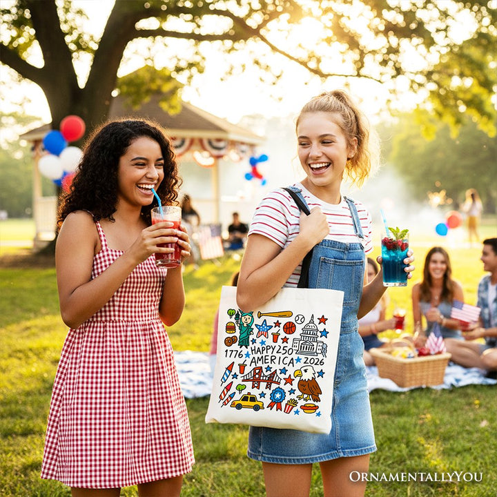 Happy 250 America Doodle Tote Bag, Patriotic USA 1776-2026 250th Anniversary Gift Shopper Tote Bag OrnamentallyYou 