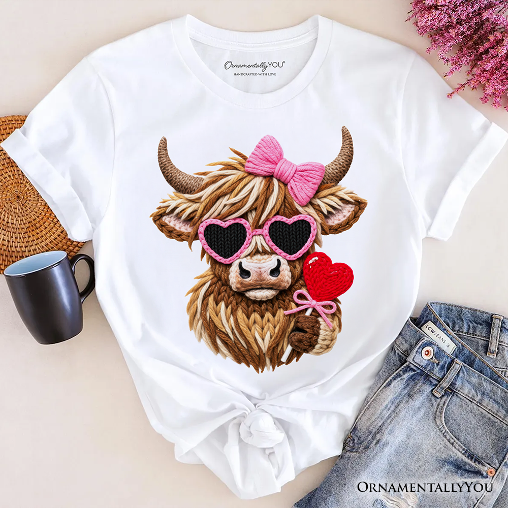 Highland Cow Faux-Yarn Valentine T-Shirt, Cute Knit Coquette Tee