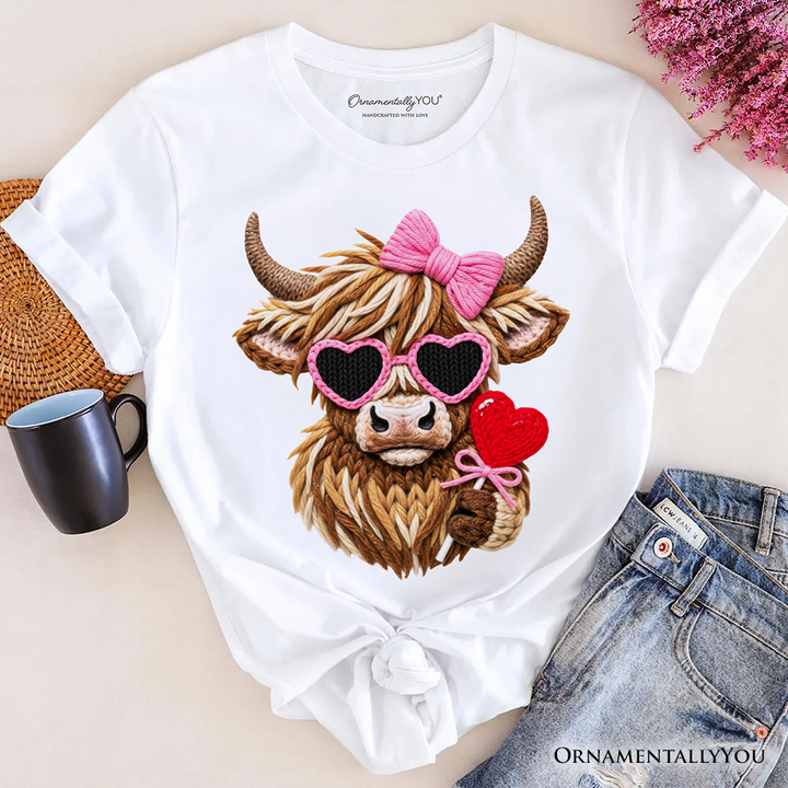 Highland Cow Faux-Yarn Valentine T-Shirt, Cute Knit Coquette Tee