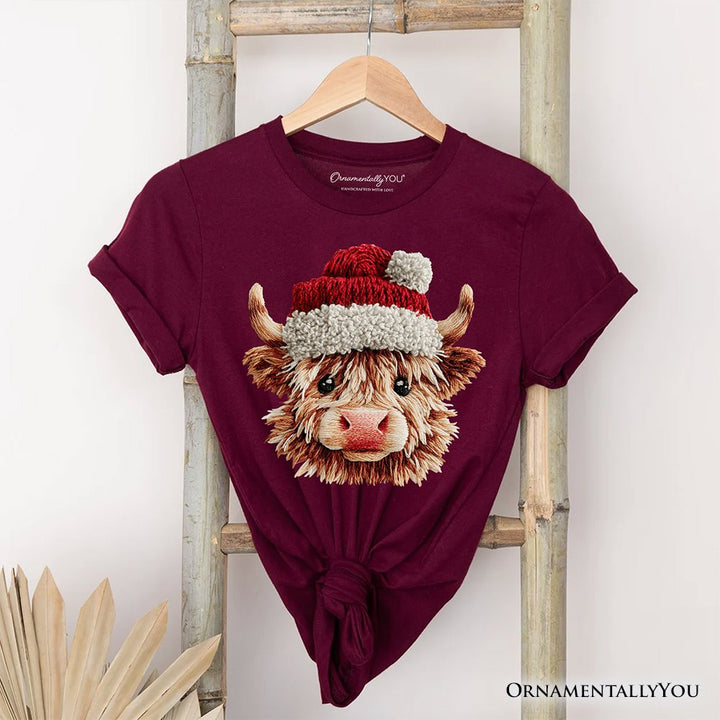 Highland Cow Santa Hat Christmas T-Shirt, Imitation Latch Hook Yarn Cozy Tee T-Shirts OrnamentallyYou Maroon XS 