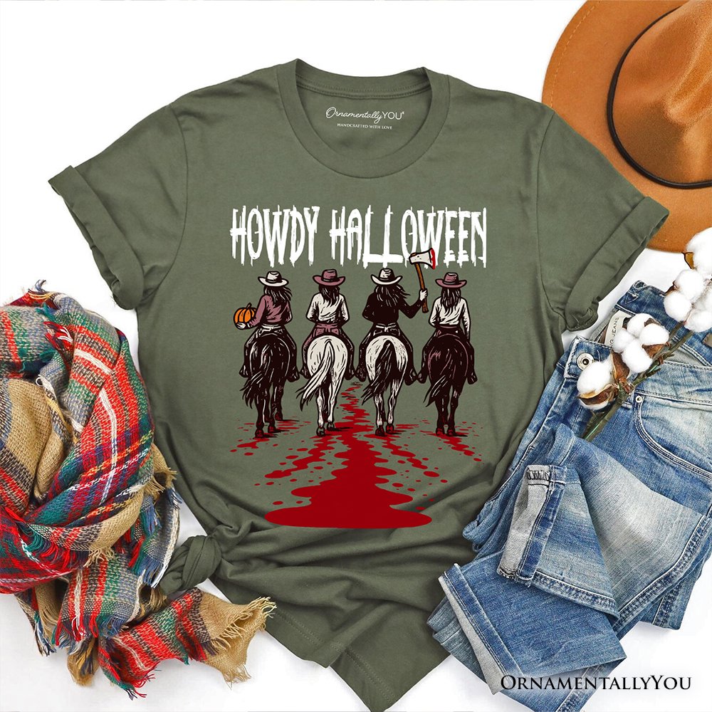 Howdy Halloween Cowgirl Women T-Shirt, Empowered Western Spooky Tee T-Shirts OrnamentallyYou Military Green XS 