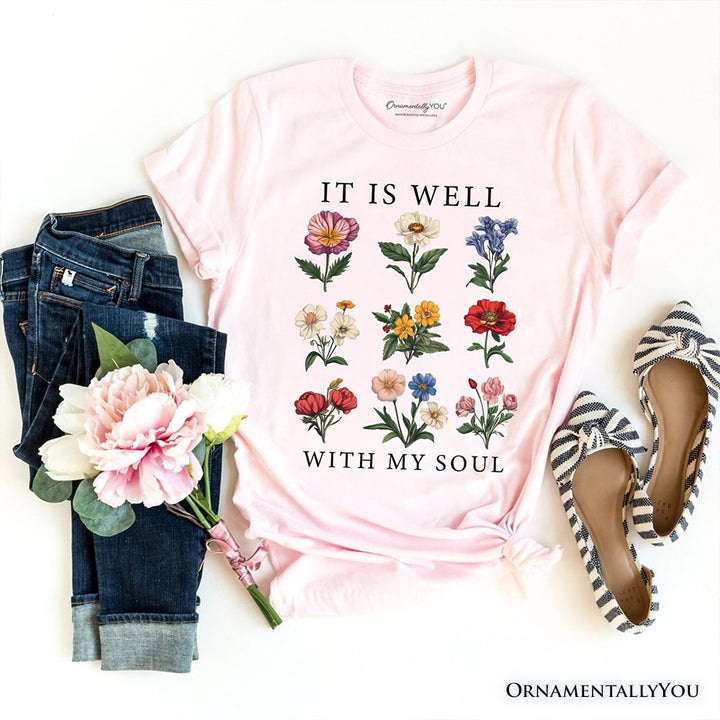 It Is Well With My Soul Christian Floral T-Shirt, Vintage Bible Verse Light Tee T-Shirts OrnamentallyYou Soft Pink XS 