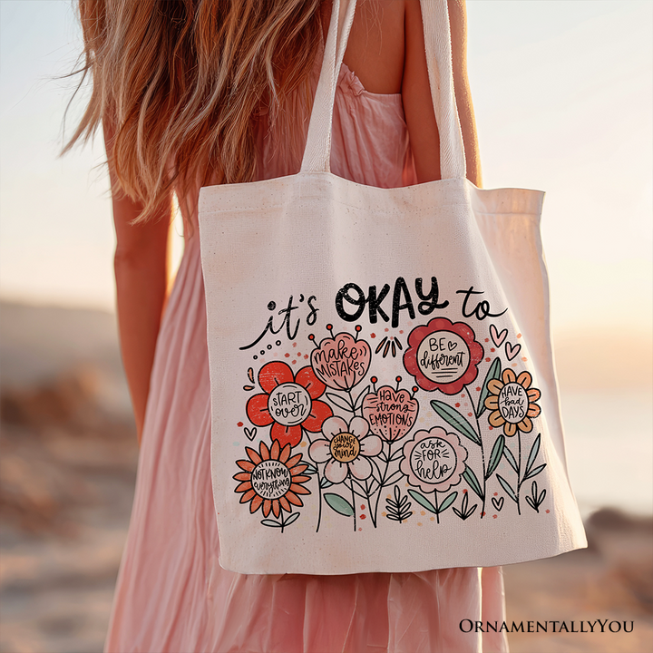 It's Okay Floral Affirmation Canvas Tote Bag, Boho Motivational Gift for Kind and Inspirational Women