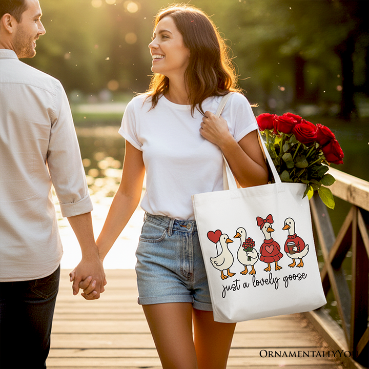 Just a Lovely Goose Valentine Canvas Tote Bag, Coquette Cute Love Printed Gift Bag