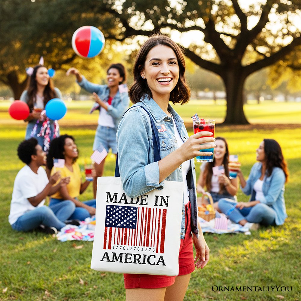 Made In America Bar Code Flag Tote Bag, Patriotic 1776 USA 250th Anniversary Gift Shopper Tote Bag OrnamentallyYou 