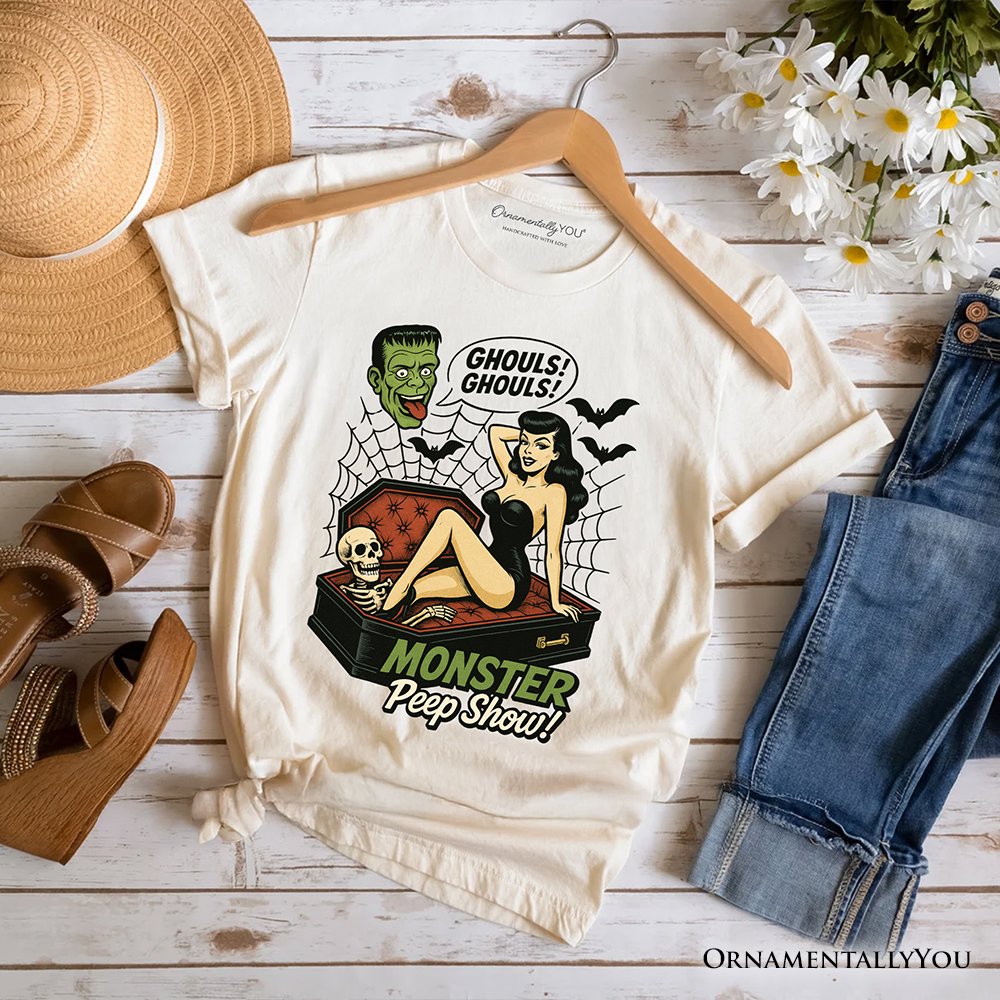 Monster Peep Show Pin-Up T-Shirt, Retro Horror Halloween Tee T-Shirts OrnamentallyYou Natural XS 